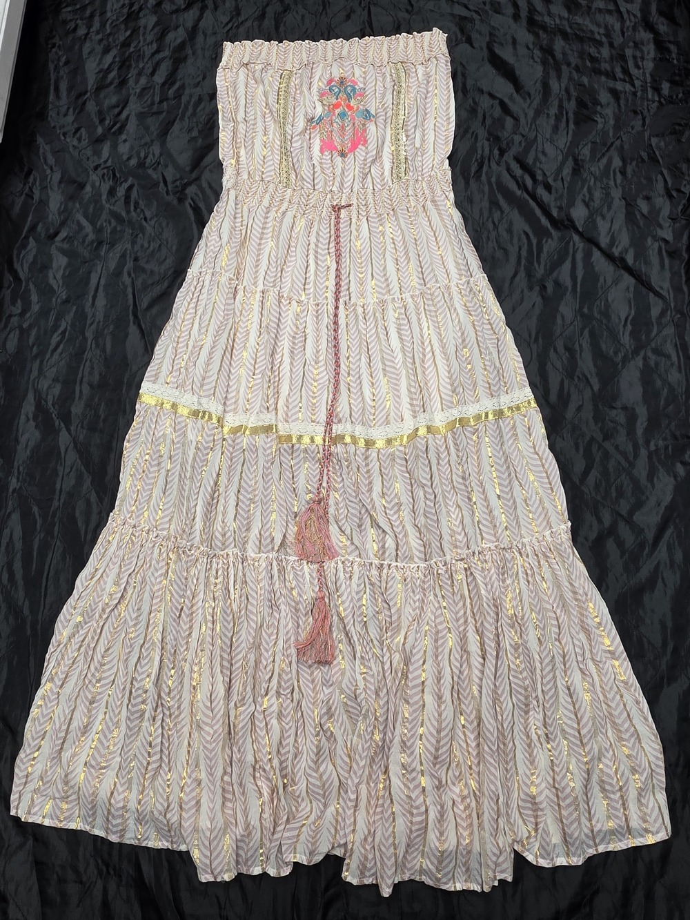 VENUS Pink & Gold Strapless Tiered Maxi Dress with Tassel Detail